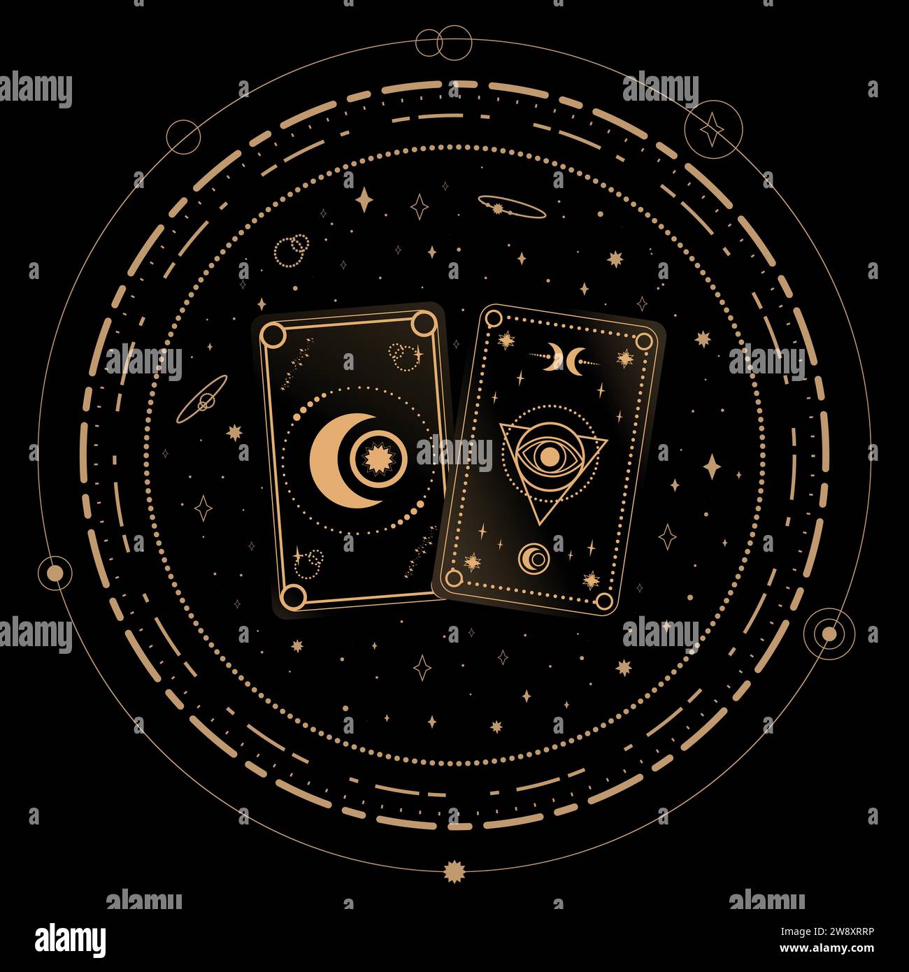 Carte divinazione Tarocchi su sfondo nero. Predica la fortuna. Simbolismo dei Tarocchi. Mistero, astrologia, esoterico. Illustrazione vettoriale Illustrazione Vettoriale