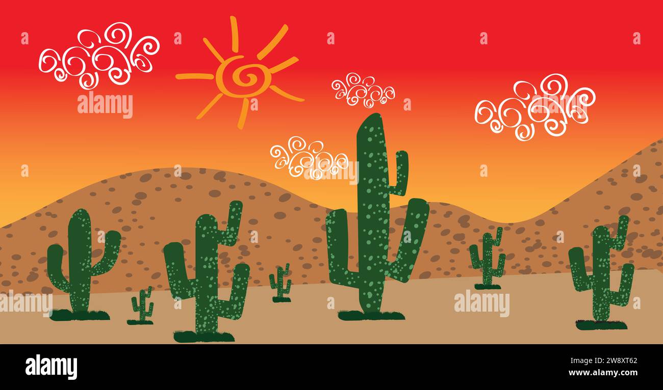 illustrazione del paesaggio arido del deserto con cactus. Illustrazione Vettoriale