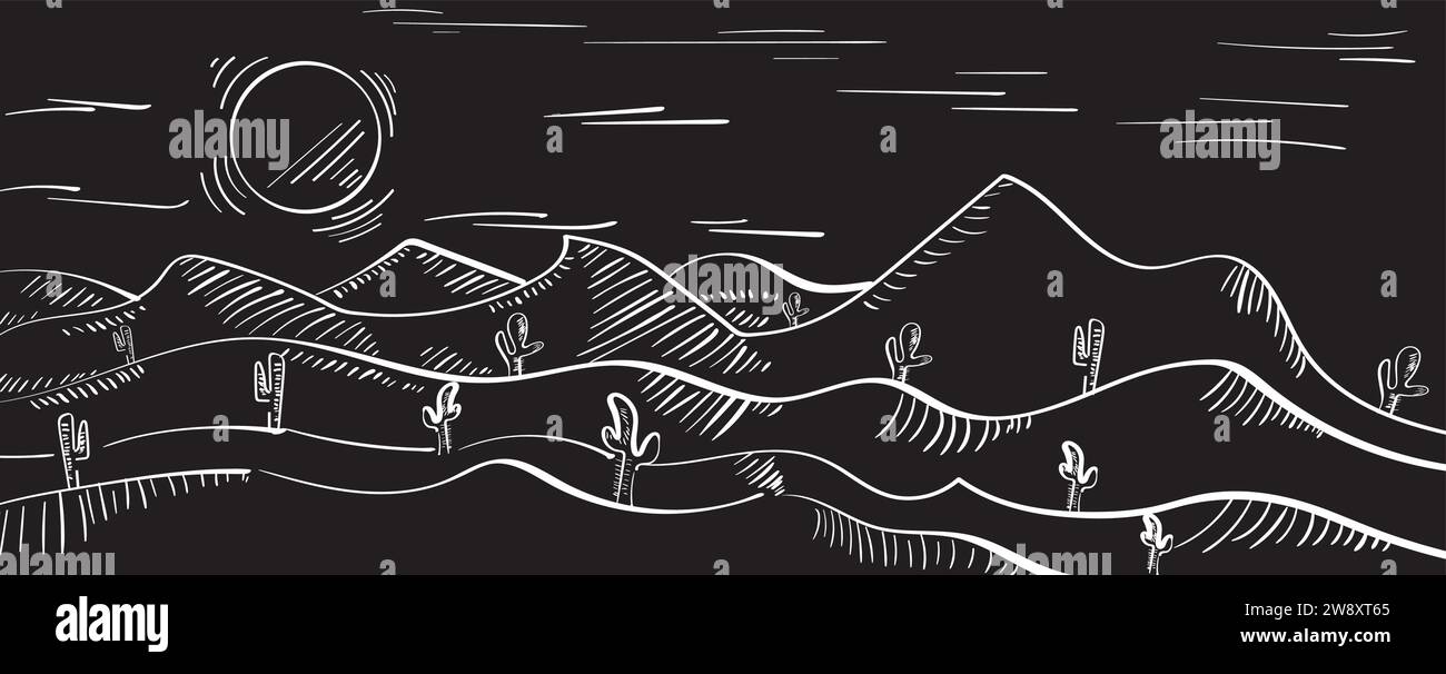 illustrazione paesaggio arido desertico con sfondo negativo cactus Illustrazione Vettoriale