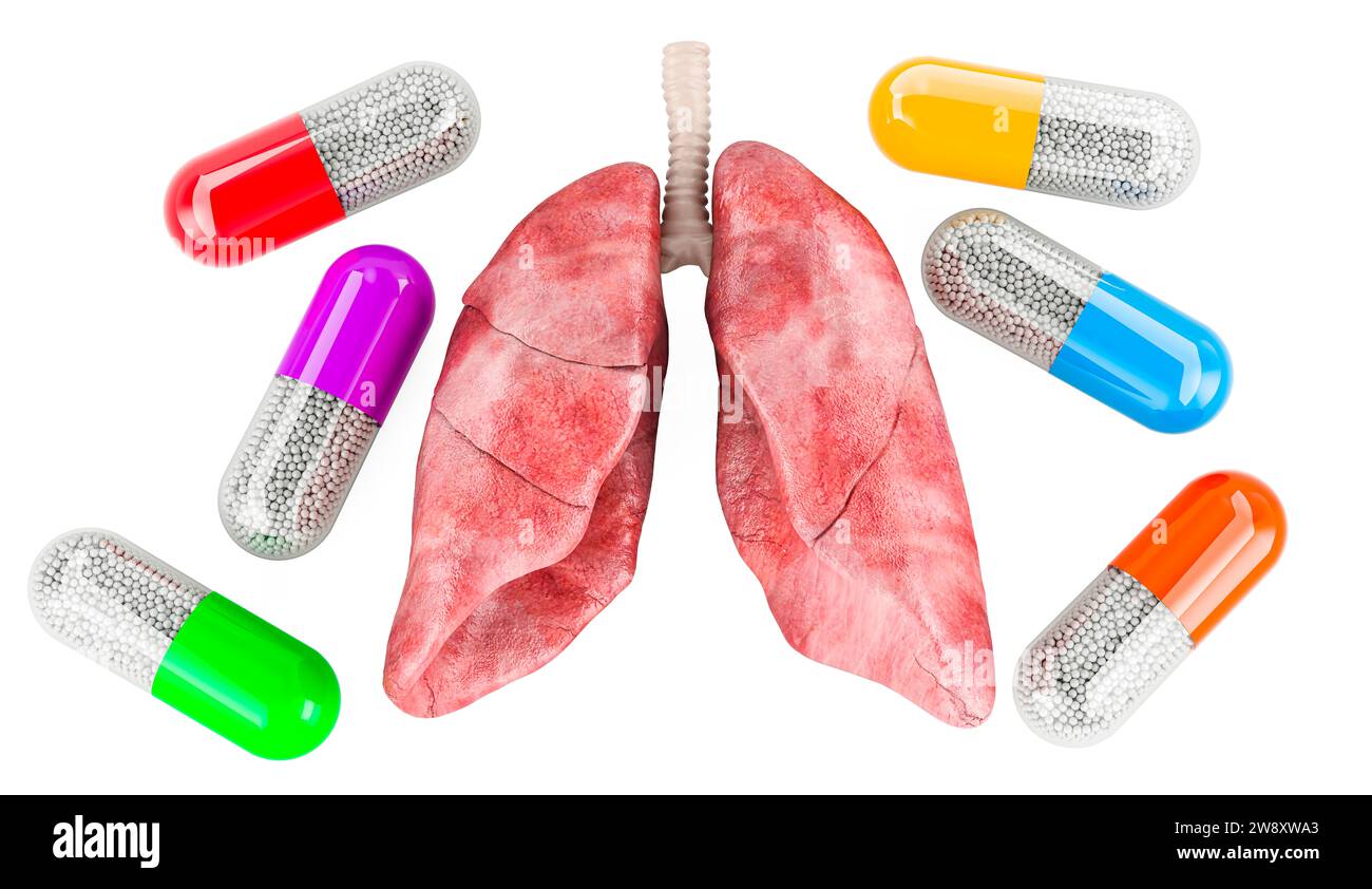 Polmoni con capsule medicinali intorno. Farmaci per polmoni, rendering 3D isolato su sfondo bianco Foto Stock