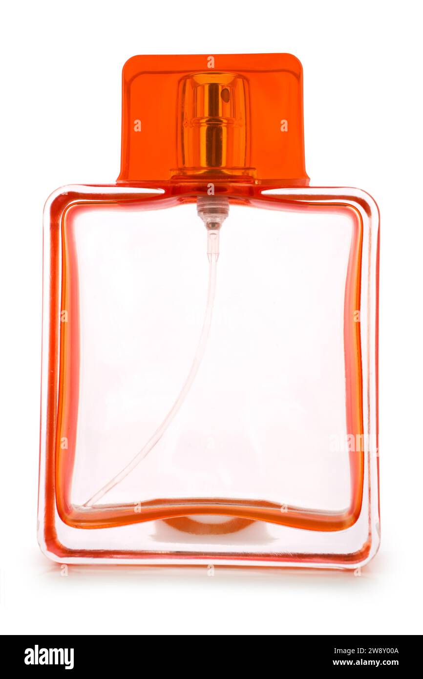 Flacone di profumo arancione vuoto, isolato Foto Stock