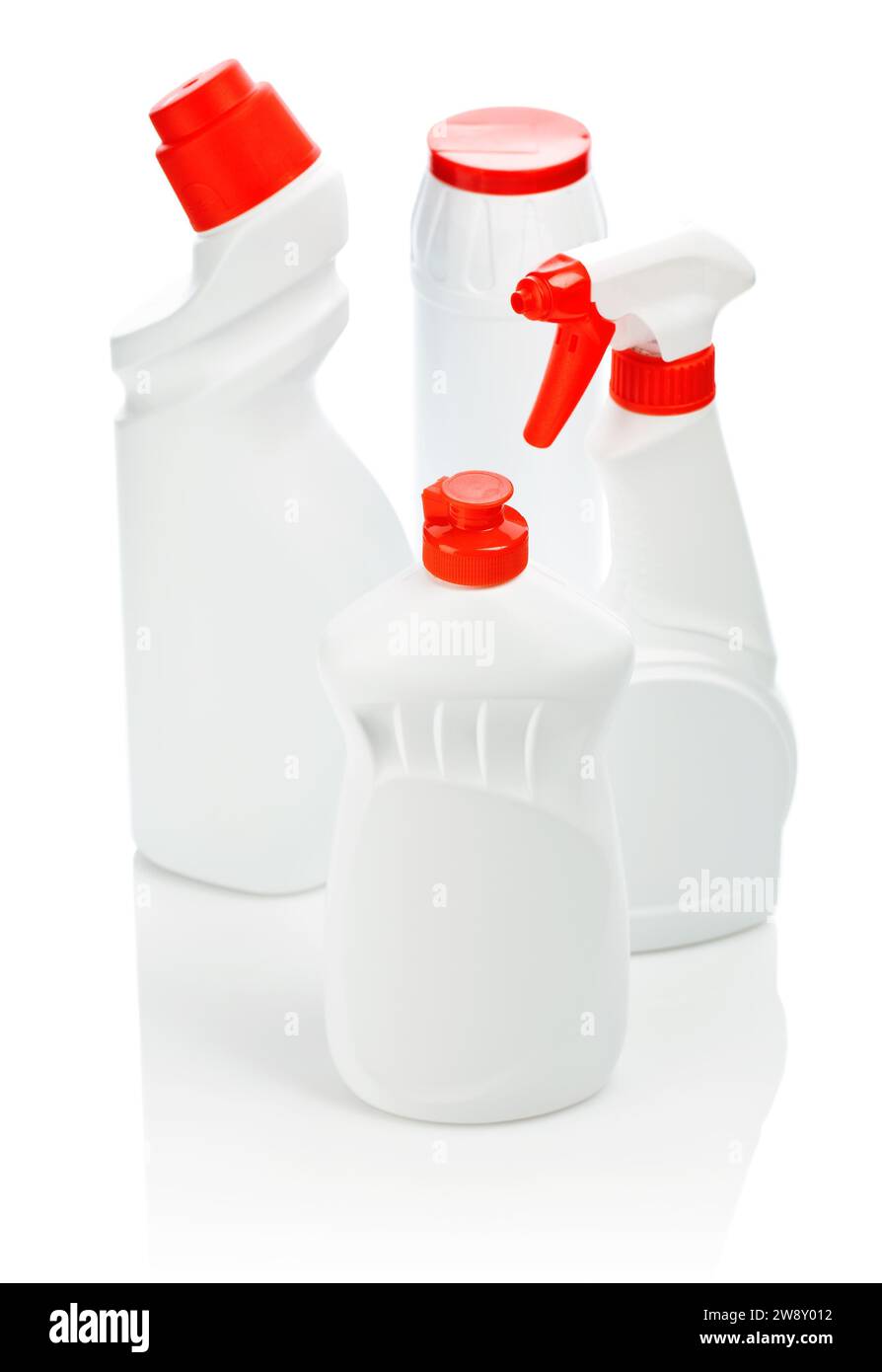 Quattro bottiglie di detergente Foto Stock