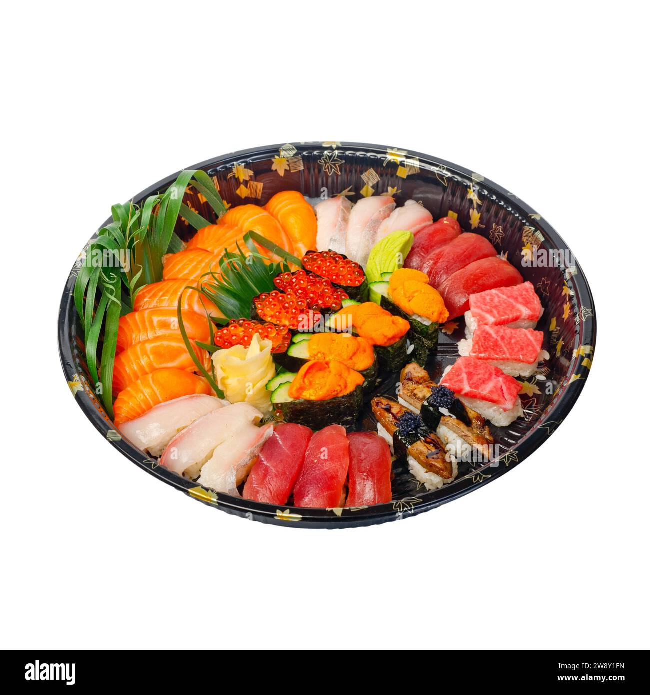 Selezione di sushi fresco espresso da asporto su vassoio di plastica, fotografie di cibo Foto Stock