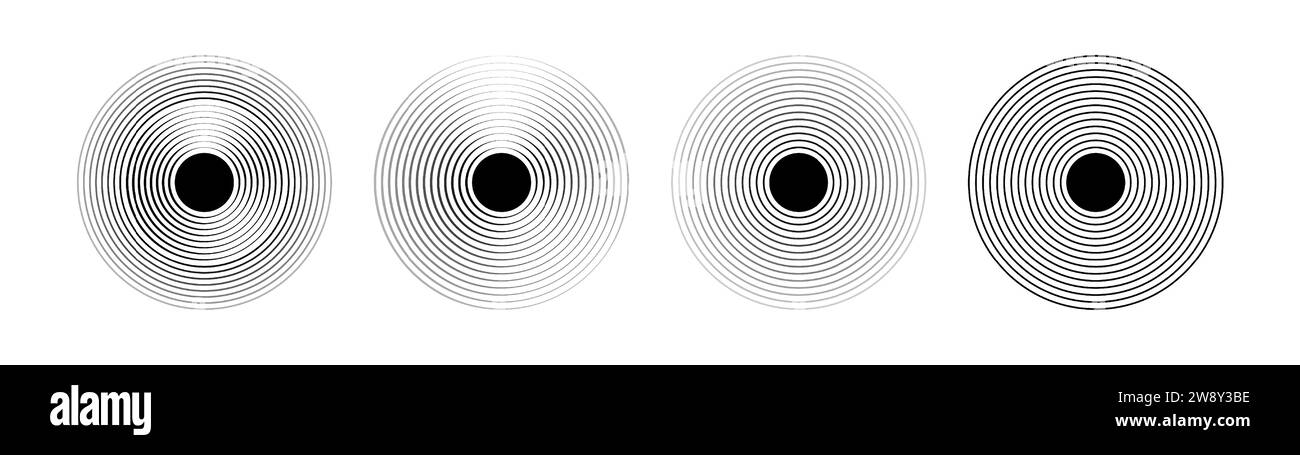 Pulsazione sonora di un gruppo di onde circolari. Segnale radio o spruzzi d'acqua. Insieme isolato di elementi vettoriali su sfondo bianco. Illustrazione Vettoriale