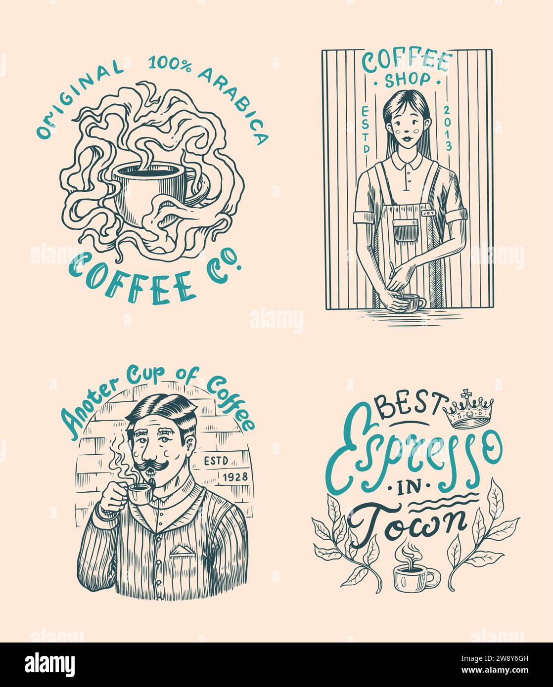 Set di caffè in stile vintage. Donna e uomo con una tazza di bevanda. Badge o logo vintage per t-shirt, tipografia, negozio o cartelloni. Fagioli e. Illustrazione Vettoriale