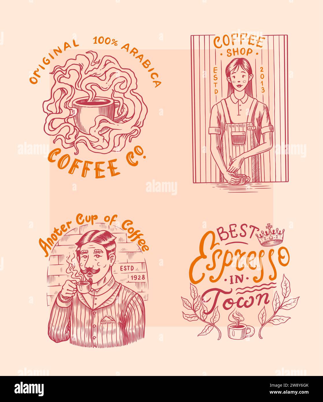 Set di caffè in stile vintage. Donna e uomo con una tazza di bevanda. Badge o logo vintage per t-shirt, tipografia, negozio o cartelloni. Fagioli e. Illustrazione Vettoriale