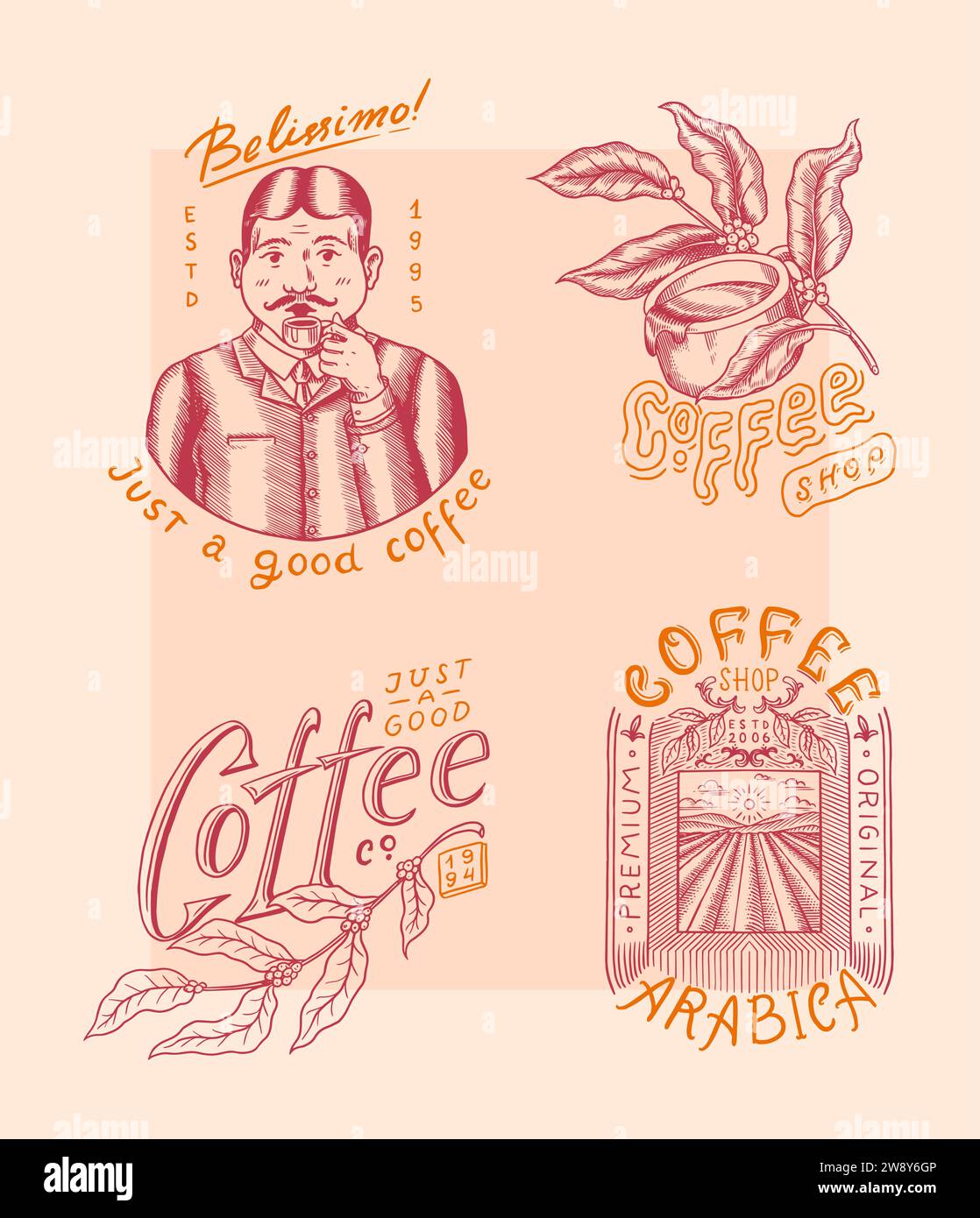 Set di caffè in stile vintage. Donna e uomo con una tazza di bevanda. Badge o logo vintage per t-shirt, tipografia, negozio o cartelloni. Fagioli e. Illustrazione Vettoriale