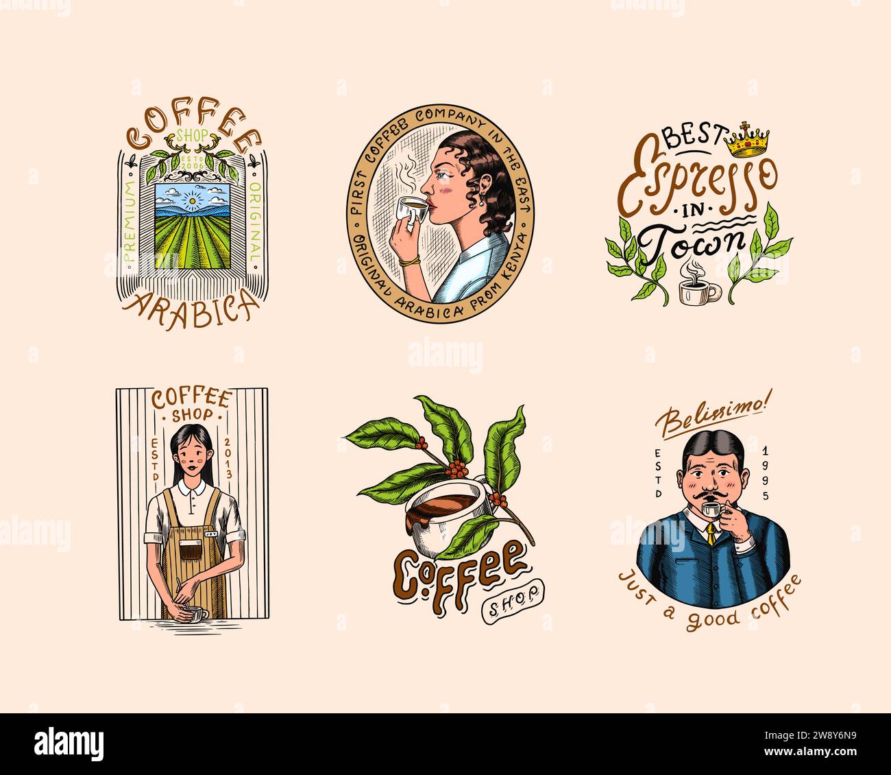 Set di caffè in stile vintage. Donna e uomo con una tazza di bevanda. Badge o logo vintage per t-shirt, tipografia, negozio o cartelloni. Fagioli e. Illustrazione Vettoriale