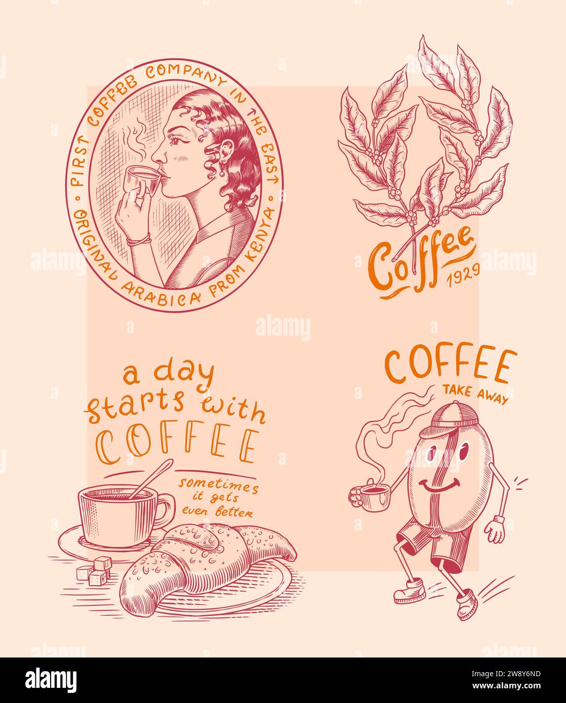 Set di caffè in stile vintage. Donna e uomo con una tazza di bevanda. Badge o logo vintage per t-shirt, tipografia, negozio o cartelloni. Fagioli e. Illustrazione Vettoriale