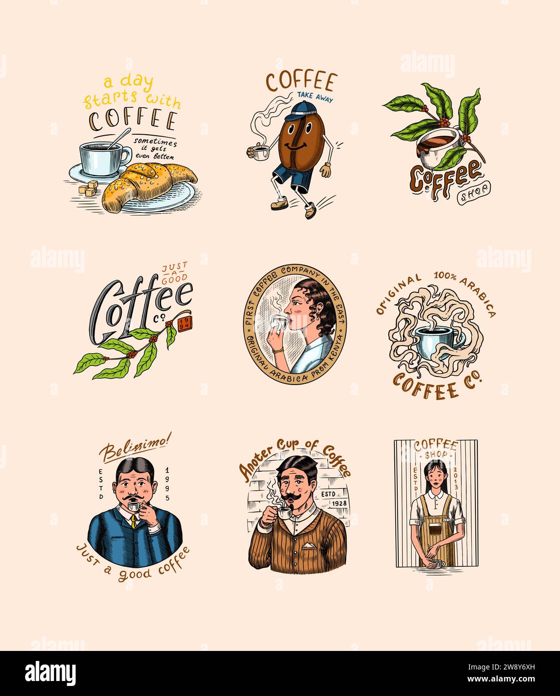 Set di caffè in stile vintage. Donna e uomo con una tazza di bevanda. Badge o logo vintage per t-shirt, tipografia, negozio o cartelloni. Fagioli e. Illustrazione Vettoriale