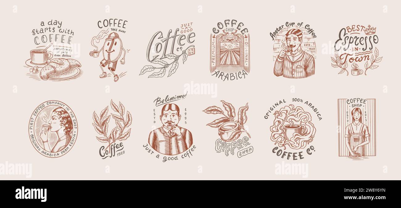 Set di caffè in stile vintage. Donna e uomo con una tazza di bevanda. Badge o logo vintage per t-shirt, tipografia, negozio o cartelloni. Fagioli e. Illustrazione Vettoriale