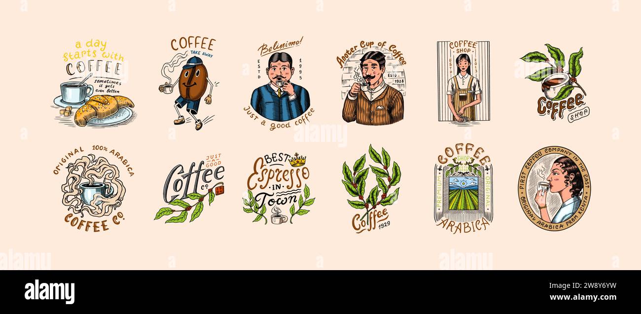 Set di caffè in stile vintage. Donna e uomo con una tazza di bevanda. Badge o logo vintage per t-shirt, tipografia, negozio o cartelloni. Fagioli e. Illustrazione Vettoriale