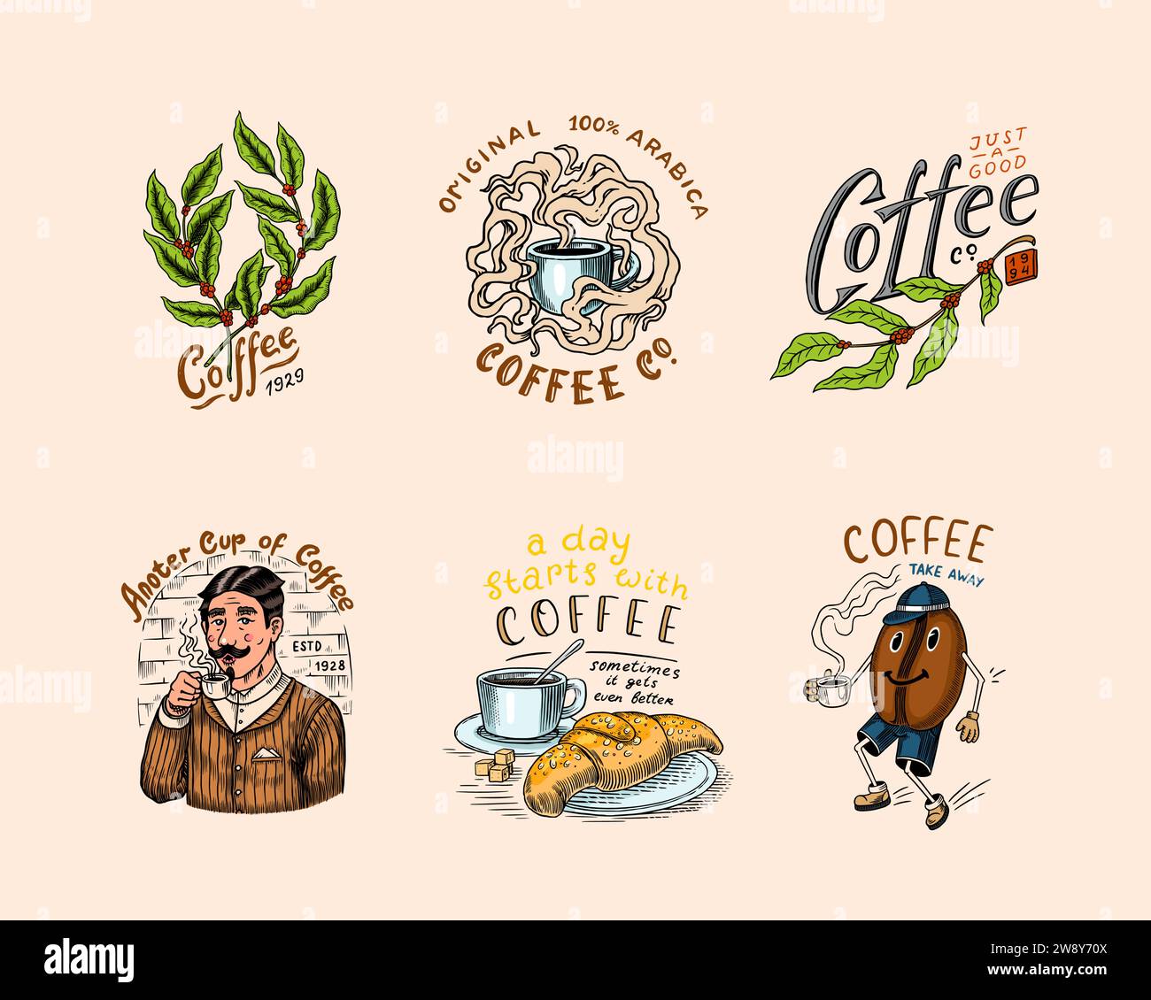 Set di caffè in stile vintage. Donna e uomo con una tazza di bevanda. Badge o logo vintage per t-shirt, tipografia, negozio o cartelloni. Fagioli e. Illustrazione Vettoriale