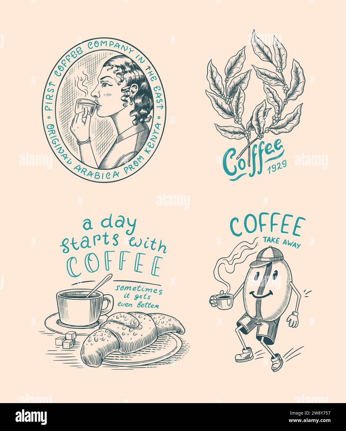 Set di caffè in stile vintage. Donna e uomo con una tazza di bevanda. Badge o logo vintage per t-shirt, tipografia, negozio o cartelloni. Fagioli e. Illustrazione Vettoriale
