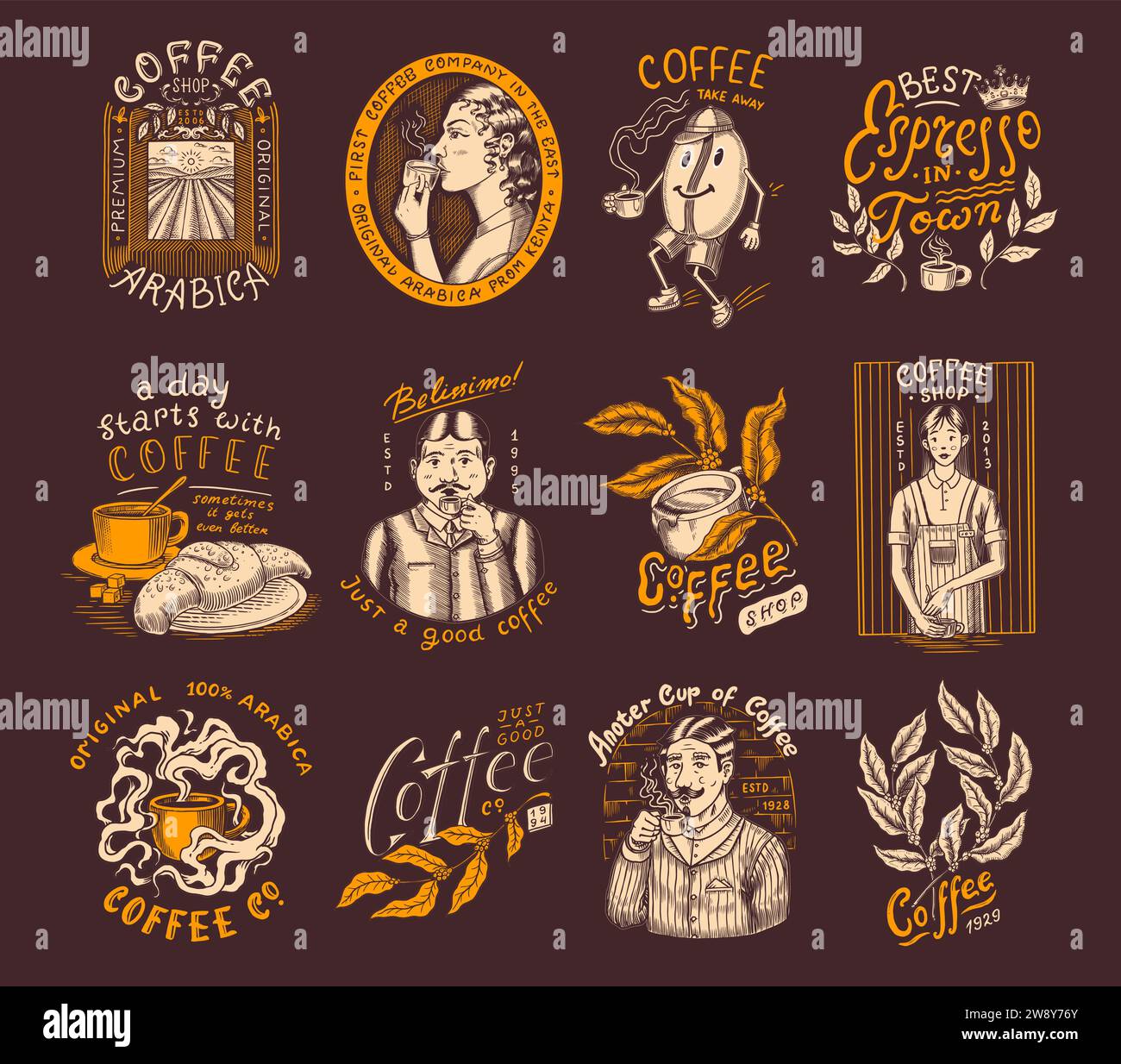 Set di caffè in stile vintage. Donna e uomo con una tazza di bevanda. Badge o logo vintage per t-shirt, tipografia, negozio o cartelloni. Fagioli e. Illustrazione Vettoriale