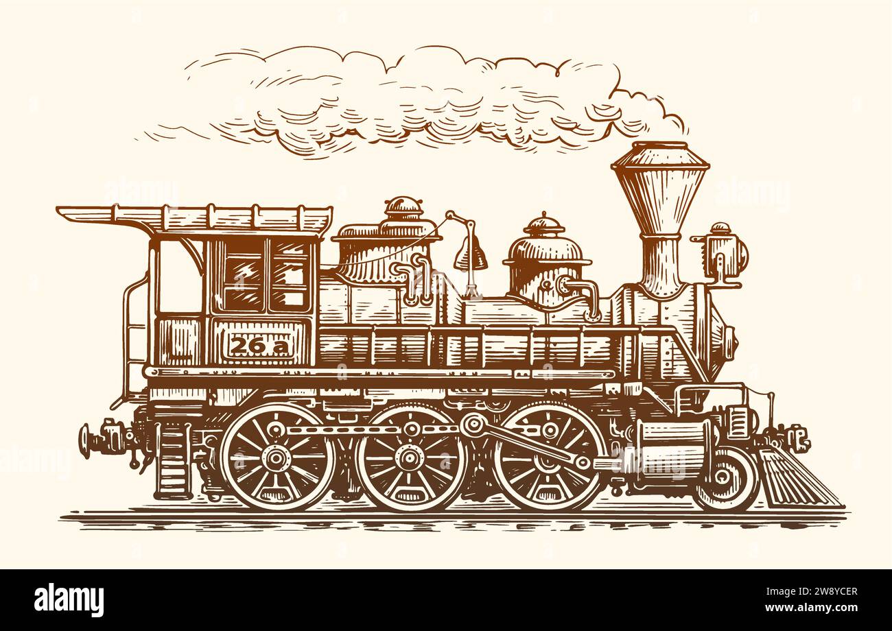 Locomotiva a vapore d'epoca, vista laterale. Schizzo retrò disegnato a mano. Illustrazione del vettore di trasporto Illustrazione Vettoriale