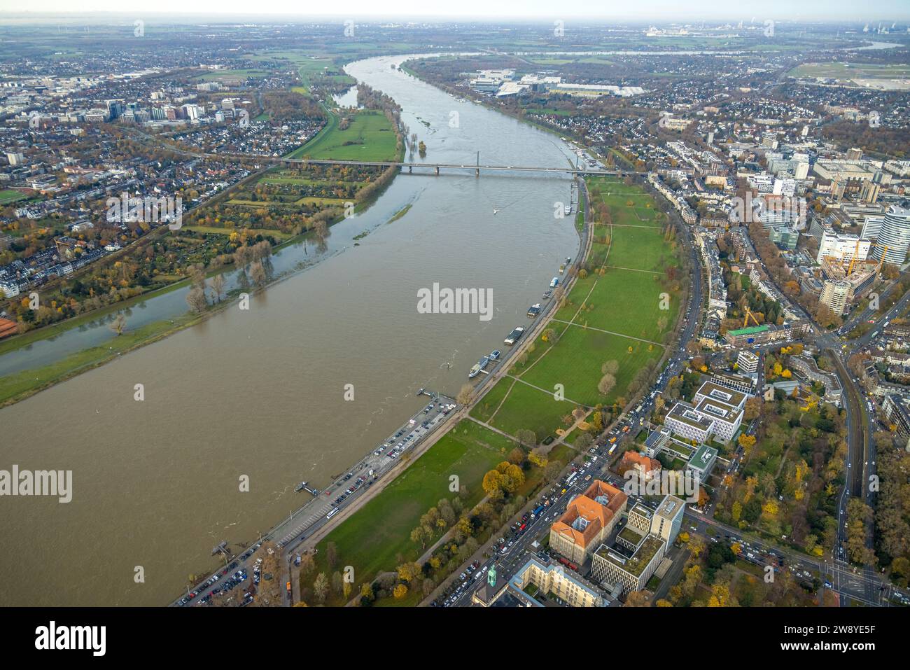 Vista aerea, fiume Reno con acqua alta e Rheinpark Golzheim con il ponte Theodor-Heuss, approdo delle navi Weiße flotte, circondato da Foto Stock