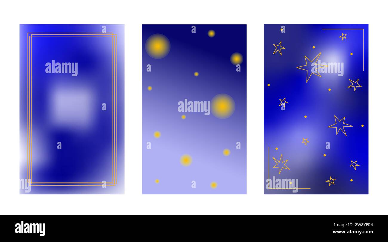 Modelli di sfondo graduato olografico astratto Y2K impostano texture blu scuro con stelle, cornici, cerchi, illustrazioni vettoriali, layout semplice e sfocato, stile minimalista per il Web e i social media Illustrazione Vettoriale