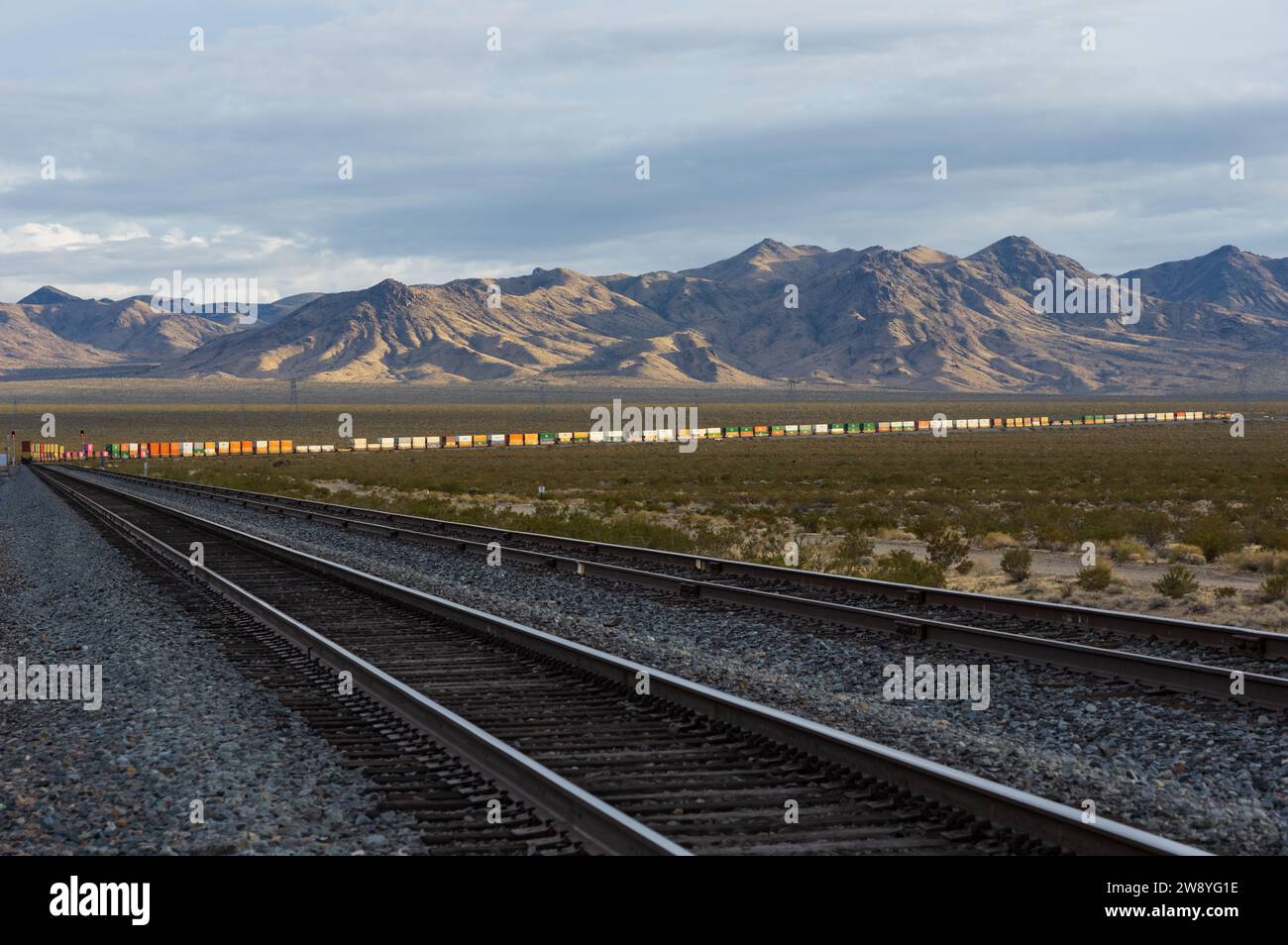 Il treno della Union Pacific Railroad viaggiava attraverso il deserto del Mojave in California. Foto Stock