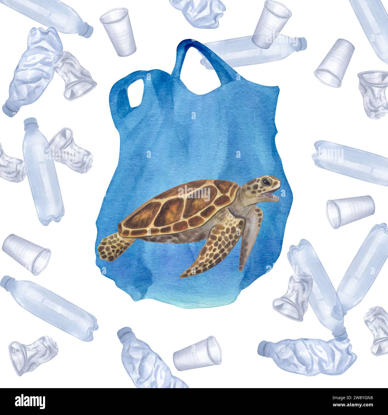 La tartaruga marina si è impigliata in un sacchetto di plastica. Inquinamento oceanico. Great Pacific Garbage Patch. Flaconi e tazze trasparenti blu monouso. Disegnato a mano Foto Stock