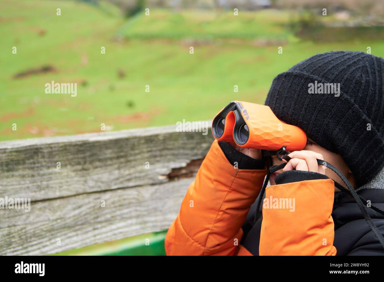 Ragazzo in abiti invernali che guarda il prato verde con il binocolo durante la giornata di escursioni in montagna Foto Stock