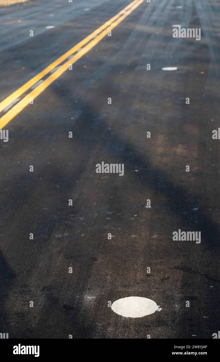Detroit, Michigan - i puntini bianchi su una strada asfaltata segnano le posizioni delle bobine elettriche che possono caricare i veicoli elettrici dotati di recinzione speciale Foto Stock