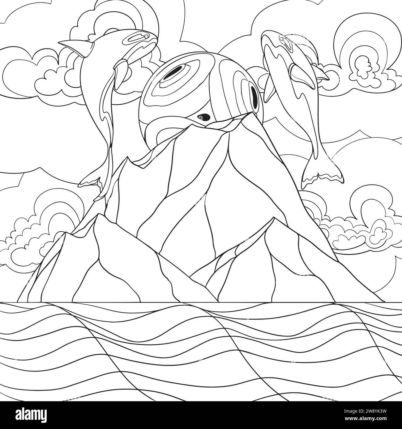 Orcas nello Sky line art design. Illustrazione Vettoriale