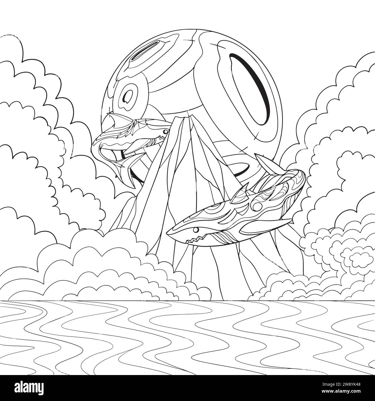 Gli squali nel design artistico della linea del cielo. Illustrazione Vettoriale