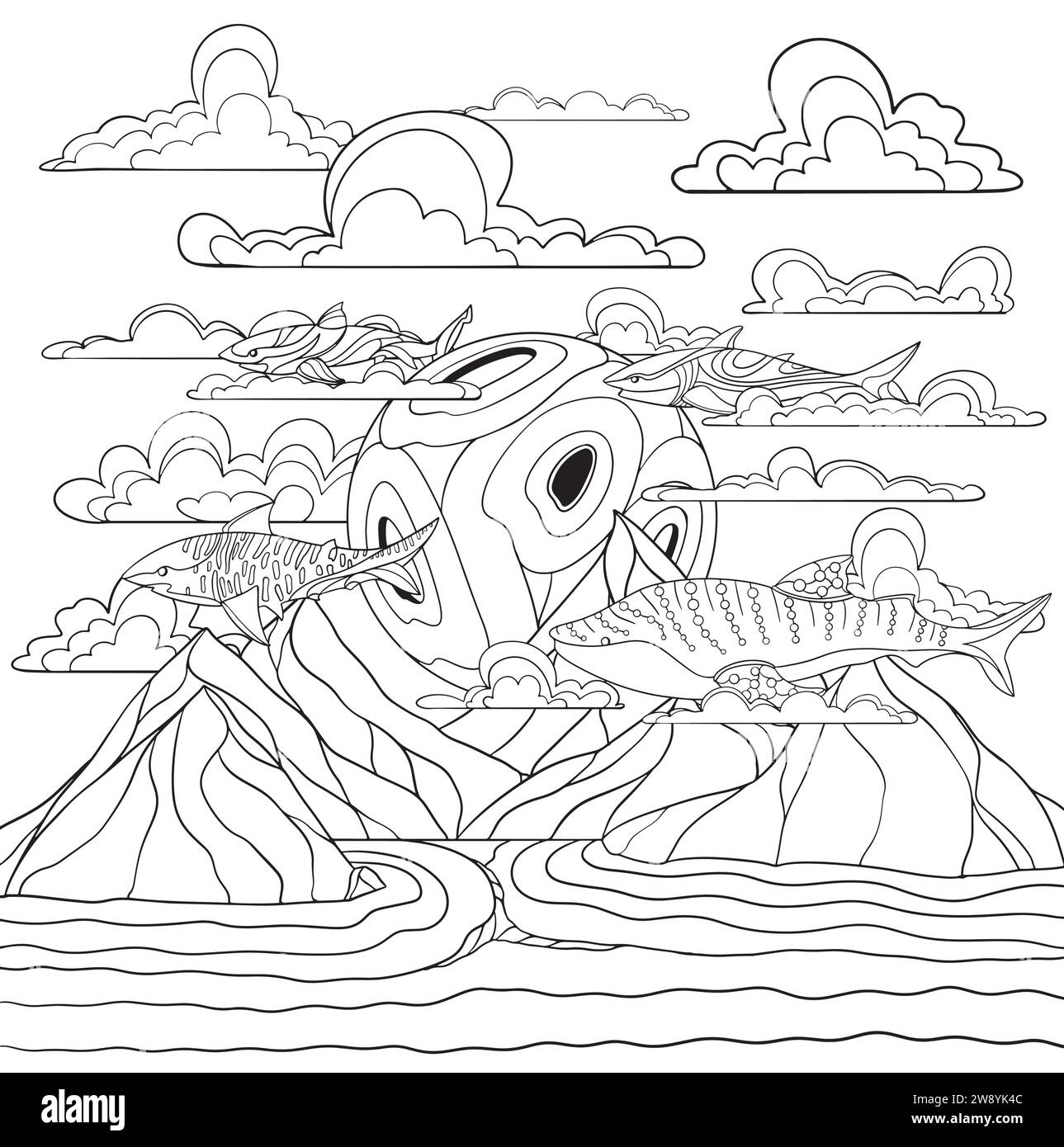 Gli squali nel design artistico della linea del cielo. Illustrazione Vettoriale