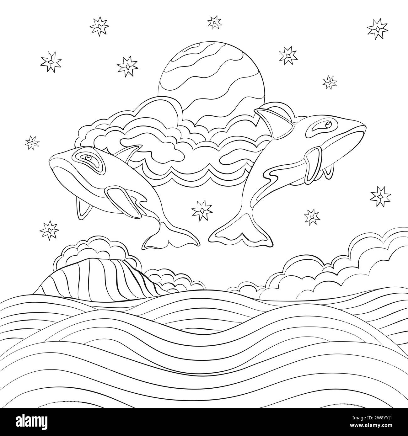 Orcas nello Sky line art design. Illustrazione Vettoriale