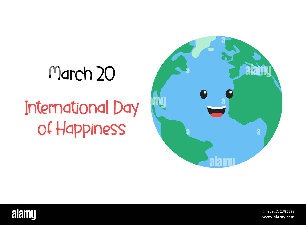 Poster festivo della giornata Internazionale della felicità del 20 marzo. Carino cartone animato sorridente pianeta Terra su sfondo bianco Illustrazione Vettoriale