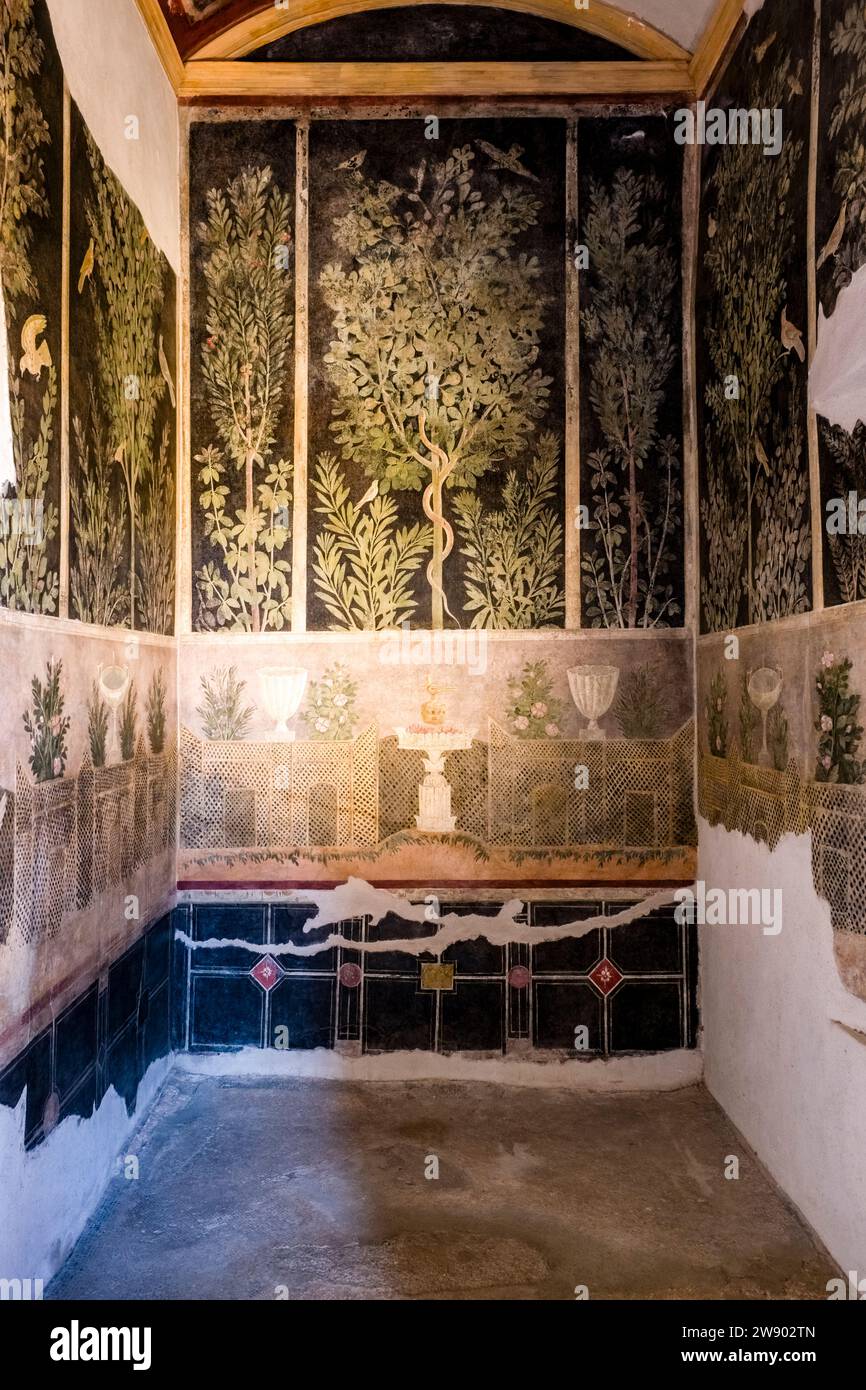 Rovine della Casa del Frutteto nel sito archeologico di Pompei, antica città distrutta dall'eruzione del Vesuvio nel 79 d.C. Foto Stock