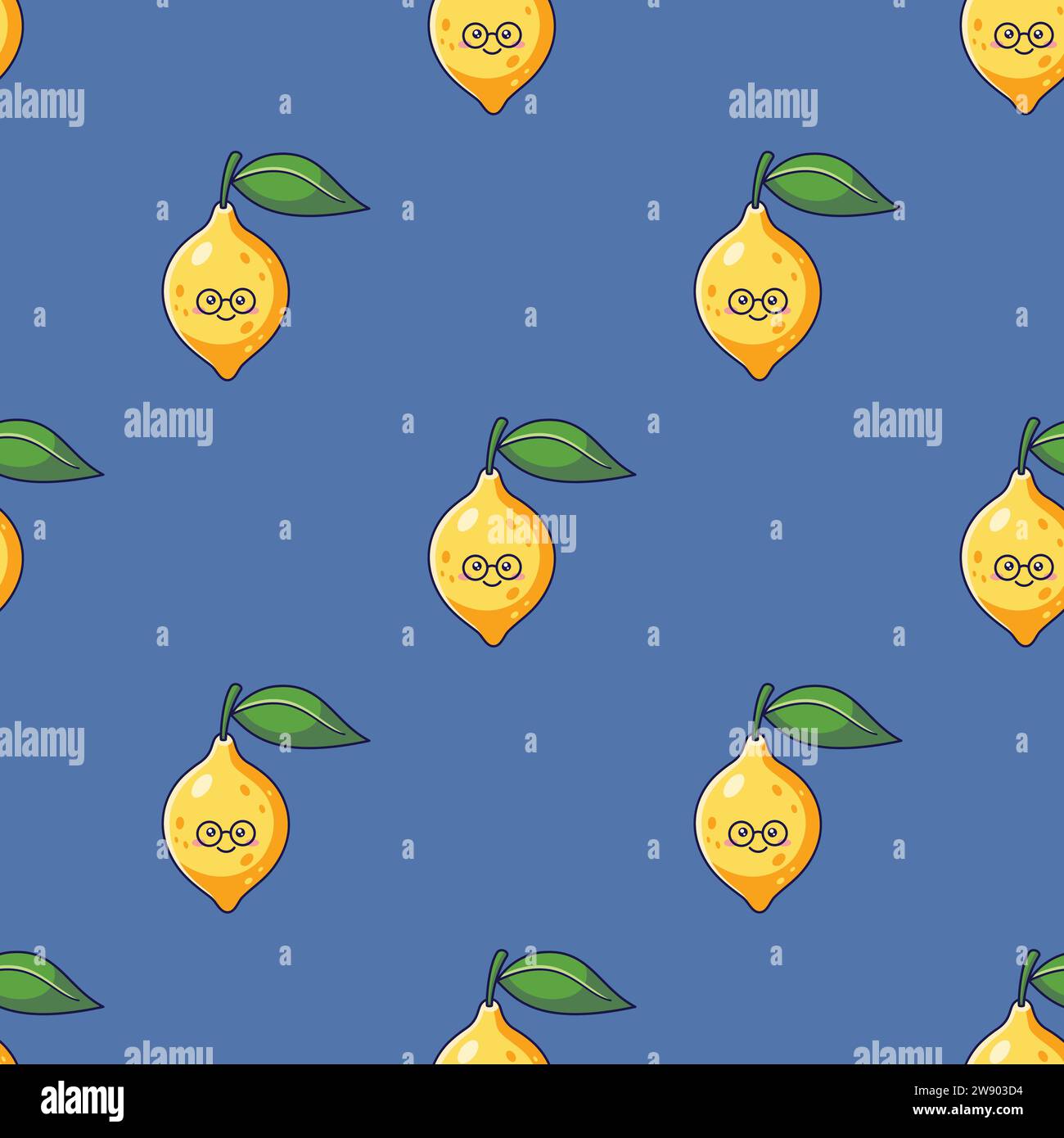Simpatico personaggio Kawaii Lemon con motivo occhiali senza cuciture. Illustrazione vettoriale disegnata a mano. Personaggio al limone in stile doodle. Motivo su sfondo blu. Tessuto timido al limone nerd, tessuto. Illustrazione Vettoriale