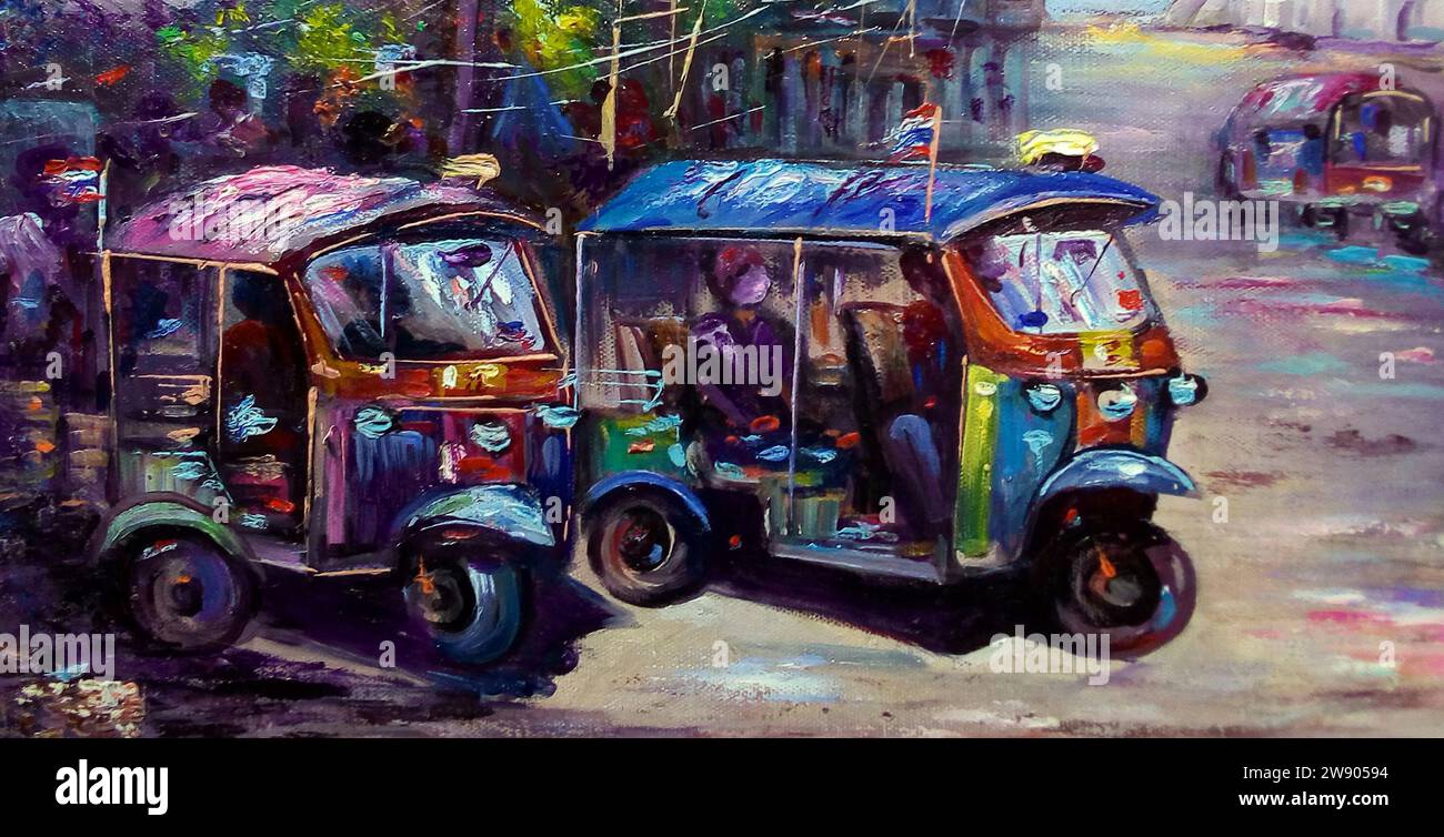 Art Oil painting fine art Thailand Tuk Tuk Car Foto Stock