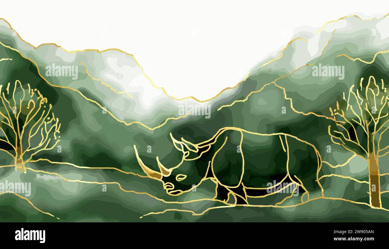 Vita artistica del rinoceronte in natura, stile block print Illustrazione Vettoriale