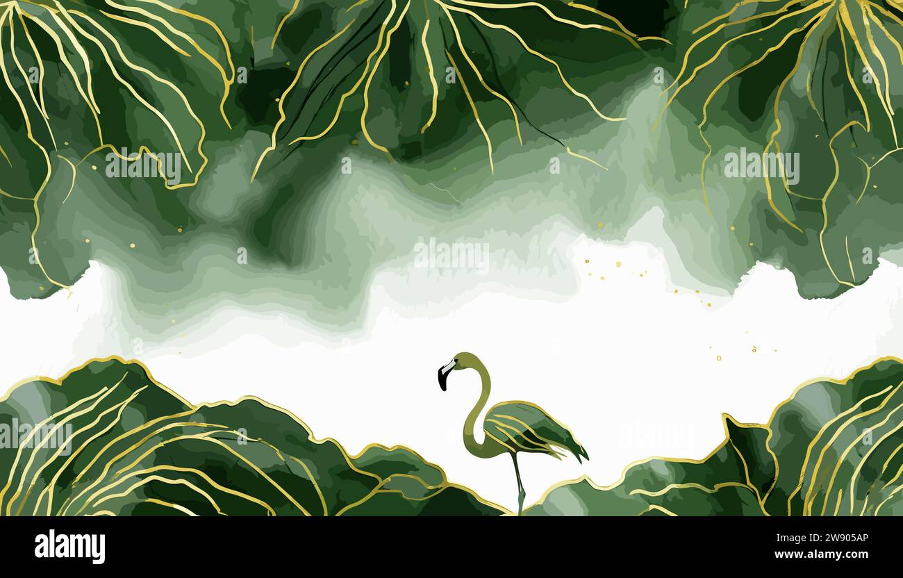 Tropical Serenity Digital Watercolor Pittura di un fenicottero tra laghi lussureggianti in colori vivaci, creando un accattivante sfondo. Illustrazione Vettoriale