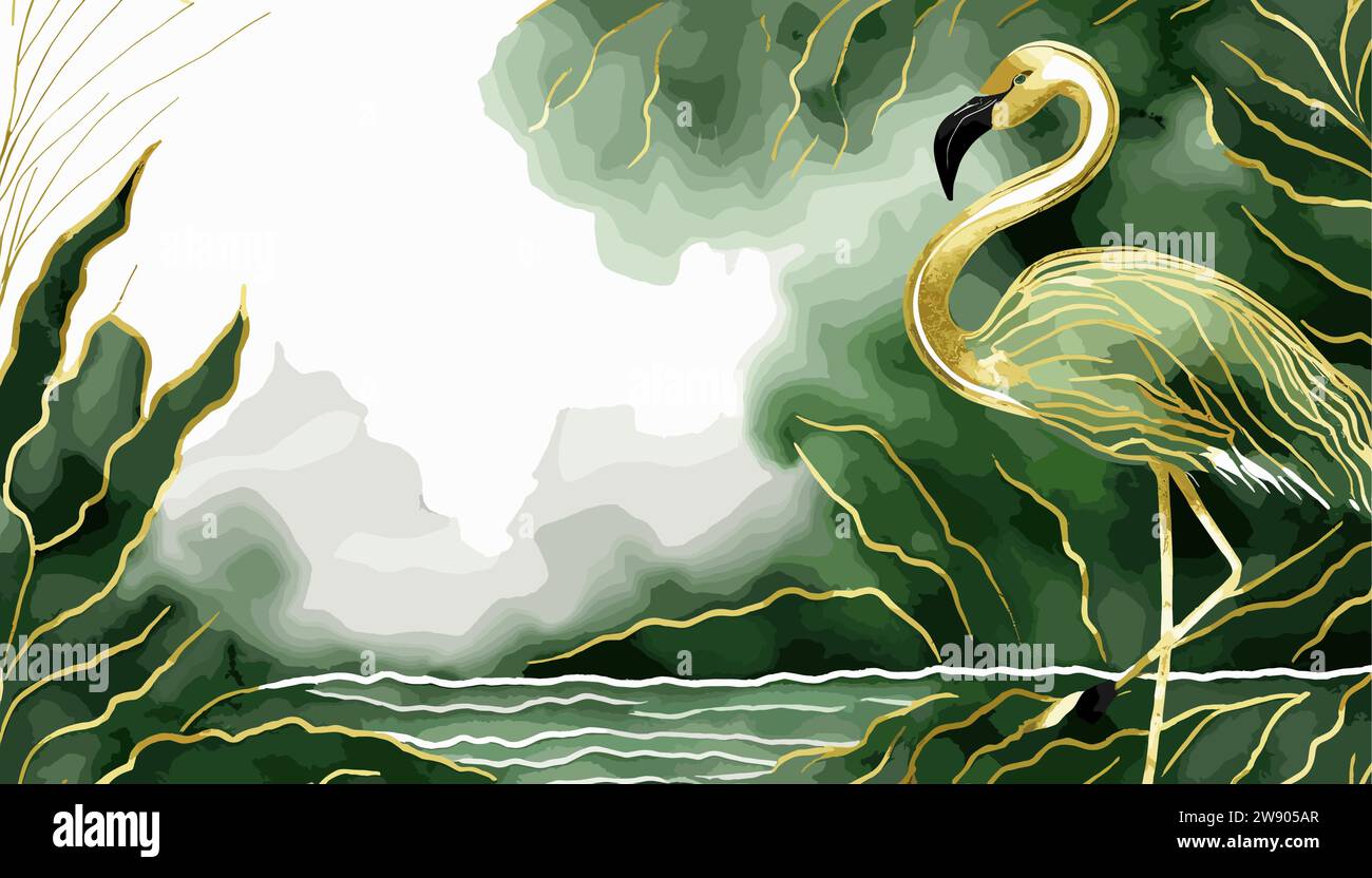 Tropical Serenity Digital Watercolor Pittura di un fenicottero tra laghi lussureggianti in colori vivaci, creando un accattivante sfondo. Illustrazione Vettoriale