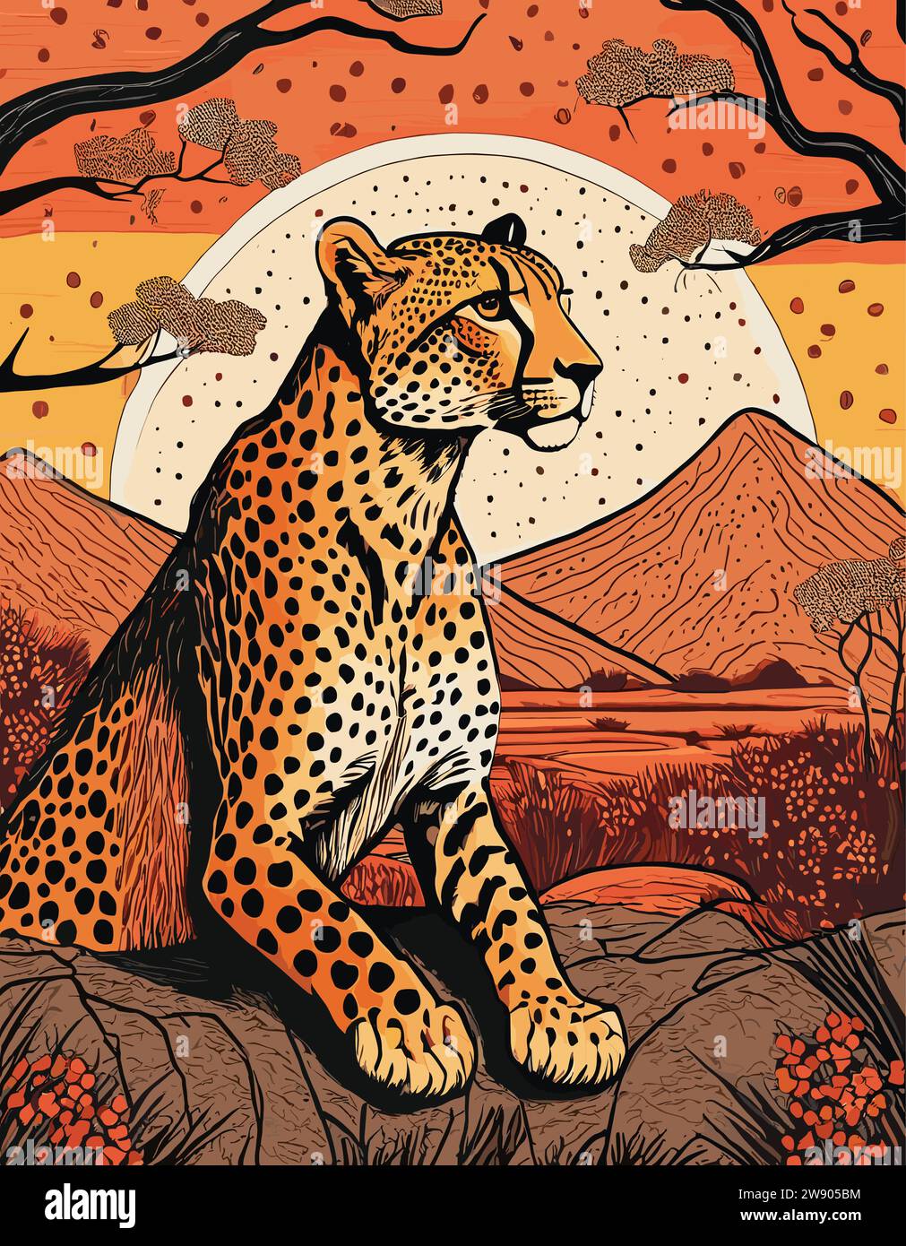 Vita artistica del ghepardo in natura, stile block print Illustrazione Vettoriale