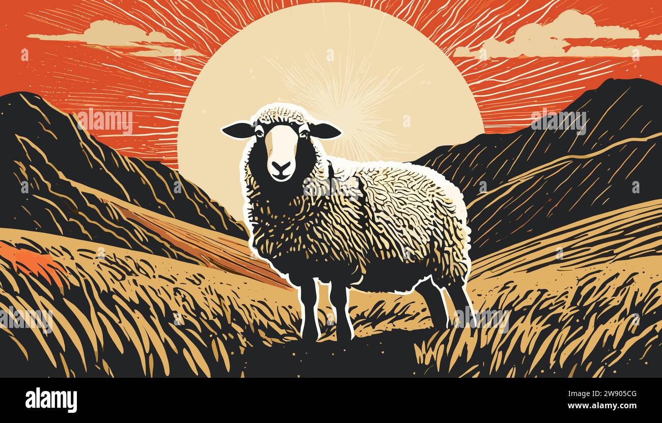 Vita artistica delle pecore in natura, stile block print Illustrazione Vettoriale