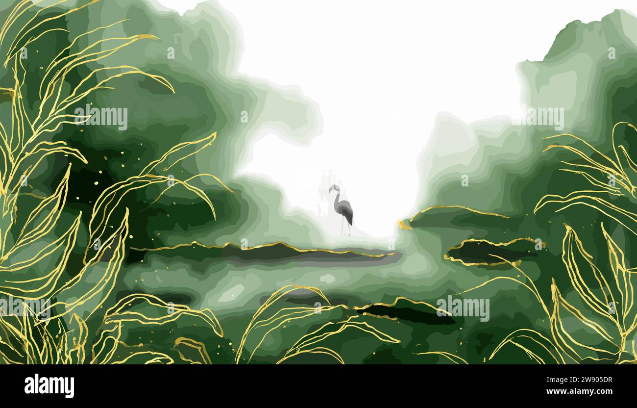 Tropical Serenity Digital Watercolor Pittura di un fenicottero tra laghi lussureggianti in colori vivaci, creando un accattivante sfondo. Illustrazione Vettoriale
