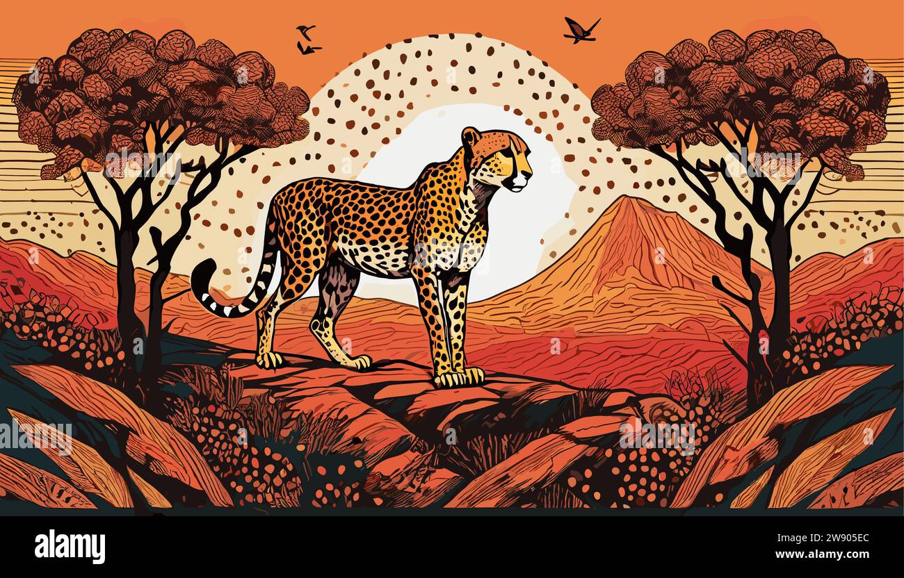 Vita artistica del ghepardo in natura, stile block print Illustrazione Vettoriale