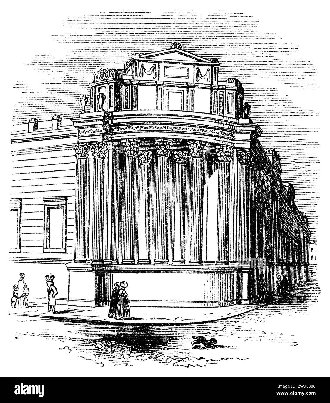 Incisione vintage 1854 di un angolo della Bank of England, Londra. Foto Stock