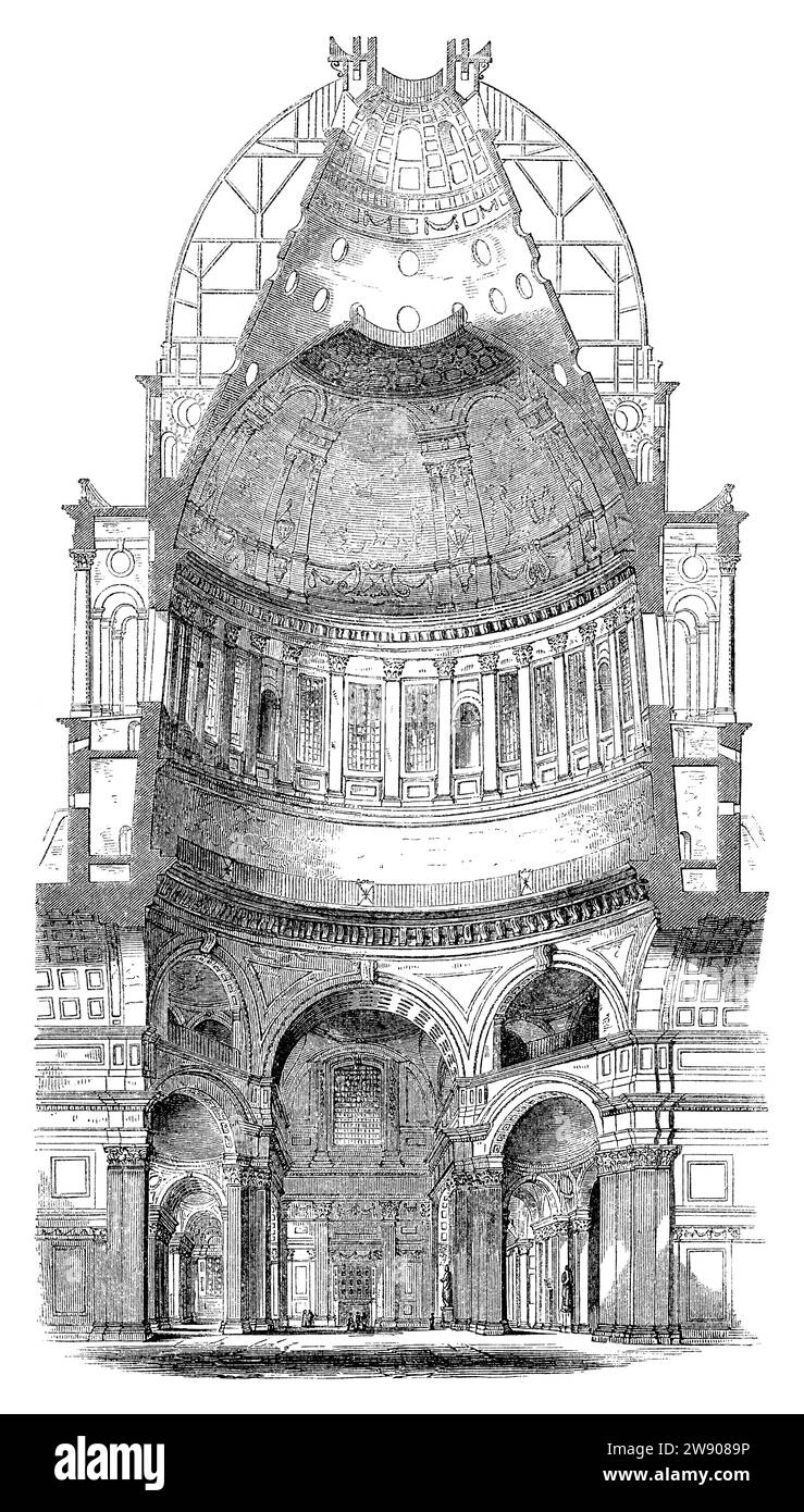 Incisione vintage 1854 di e vista in sezione della cupola di San Paul's Cathedral, Londra. Foto Stock