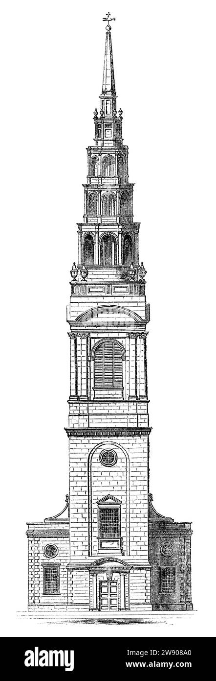 Incisione vintage 1854 della torre di St. La chiesa della sposa, Londra. Progettato da Sir Christopher Wren. Foto Stock