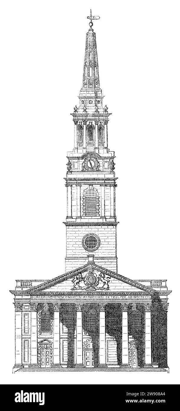 Incisione vintage 1854 sulla facciata anteriore di St. Chiesa di Martin-in-the-Fields, Trafalgar Square, Londra. Foto Stock