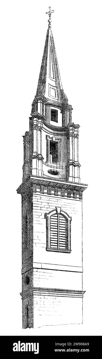 Incisione vintage 1854 della torre di St. Vedast Foster Lane, chiesa di Londra. Conosciuto anche come Saint Vedast-alias-Foster. Foto Stock