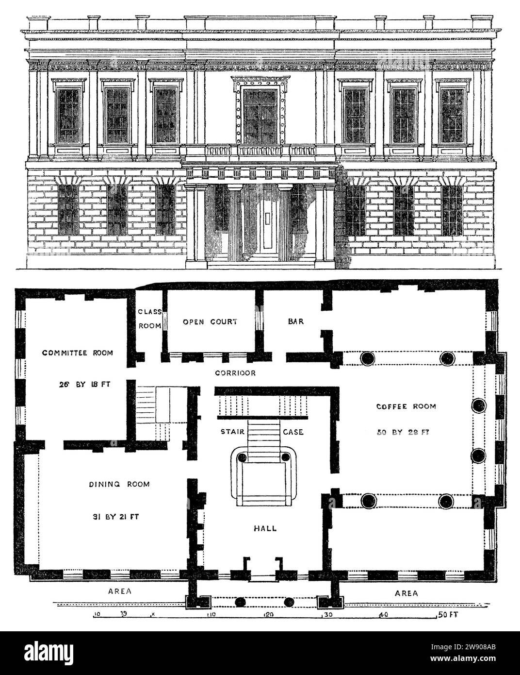 Incisione vintage 1854 della University Club House, Suffolk Street, Londra - sede dello United University Club, ora Oxford and Cambridge Club. Progettato da William Wilkins RA. Foto Stock
