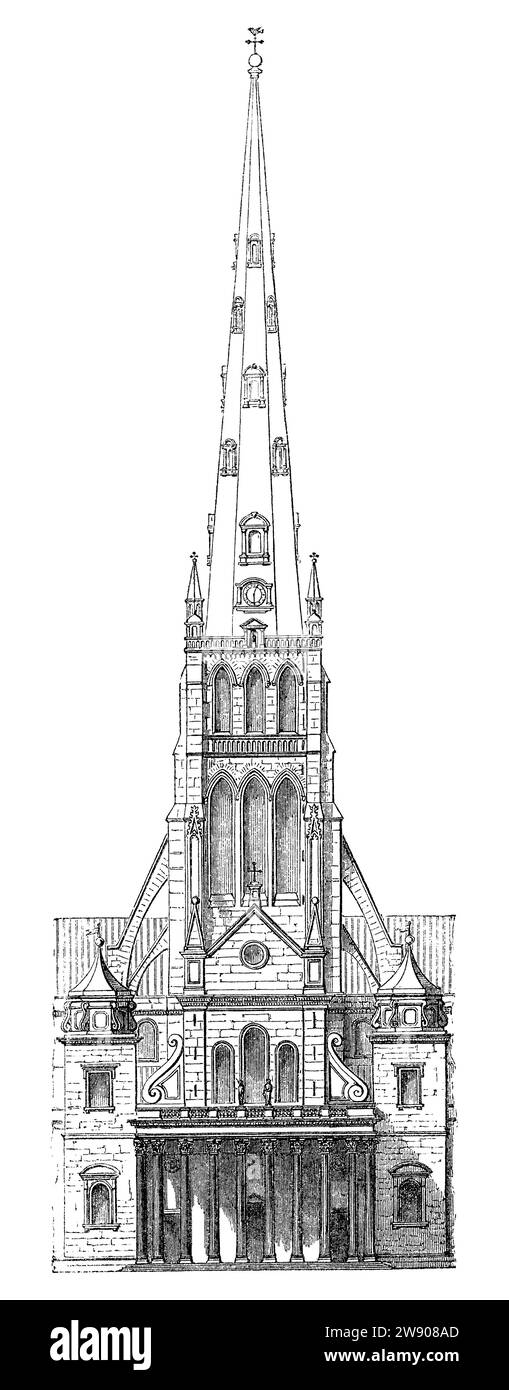 Incisione vintage del 1854 sul fronte occidentale di Old St Paul's Cathedral, distrutta nel grande incendio di Londra del 1666. Foto Stock