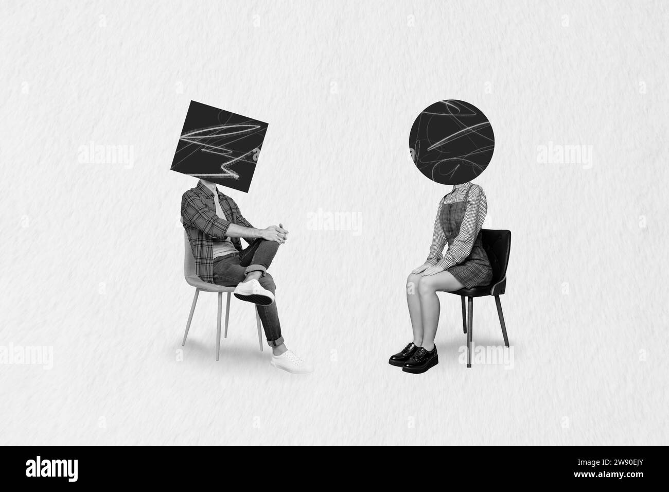 Disegno creativo immagine collage di due persone insieme sedute sedie reclutatore chiacchierate dei dipendenti figure geometriche insoliti cartelloni fantasiosi Foto Stock