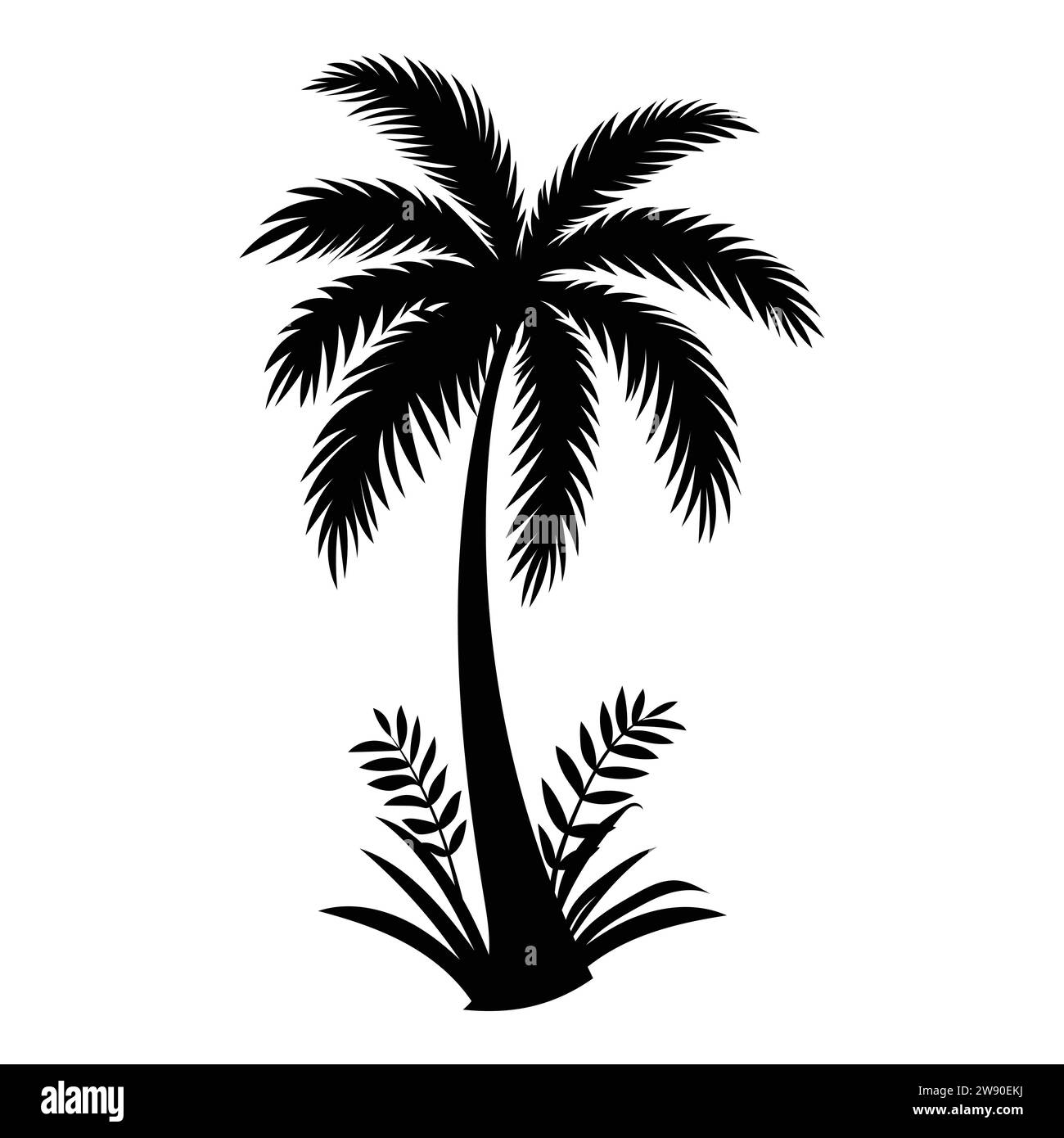 Una silhouette di albero tropicale di palma da dattero. Illustrazione vettoriale di silhouette, isolata su sfondo bianco. Illustrazione Vettoriale